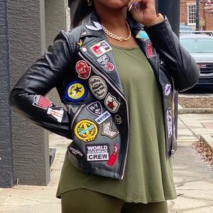 Faux Leather Motorcycle Jacket with Patches